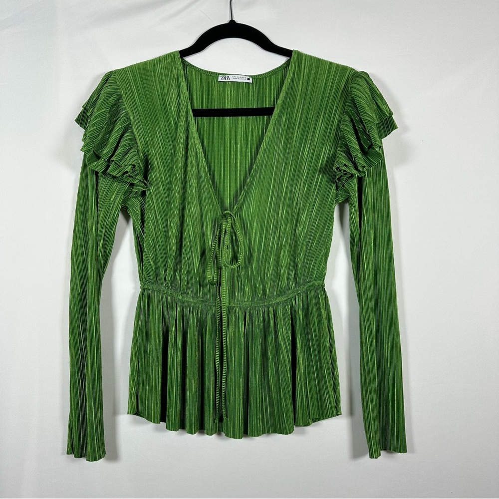 Zara Metallic Green Pleated Women's Top size S